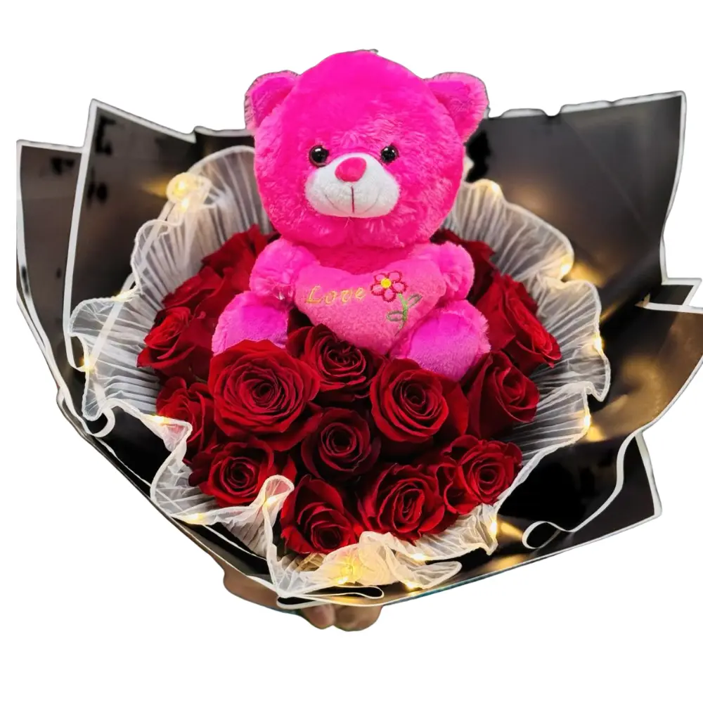 Pink Plush Promise (18 ROSES WITH WHITE MESH)